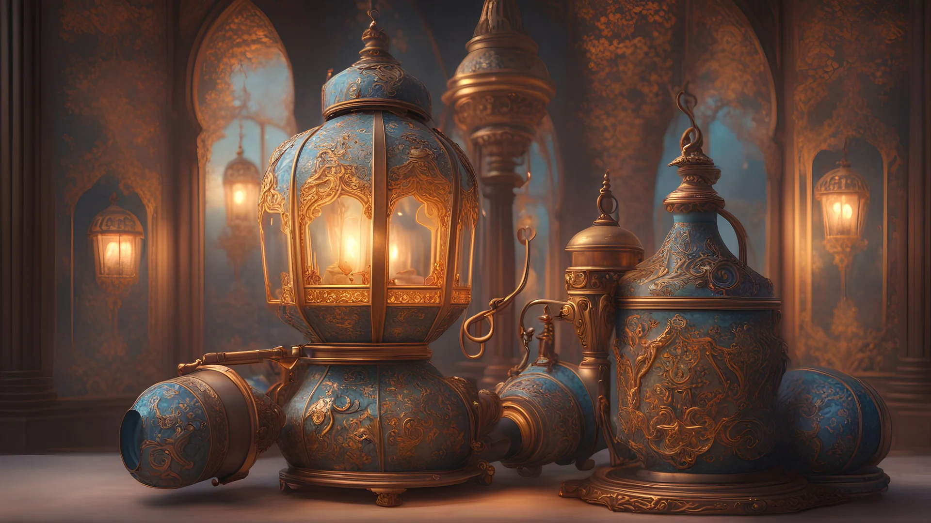 Ramadan lantern with Ramadan cannon, Beautiful and deep 3D surreal Rococo painting, highlighting its exceptional quality, Soft portrait 8K shot, Beautiful model portrait, Ultra-realistic digital painting, Beautiful portrait, Very beautiful portrait, Portrait beauty, Realistic digital art Extremely gorgeous, hyper-realistic digital art, captured on a Hasselblad medium format camera with a 100mm lens. Unmistakable, cinematic image, daylight