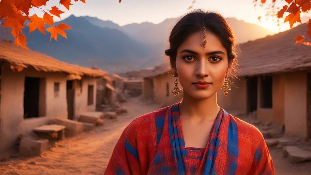 The image should depict a serene evening scene of a traditional Pakistani village at sunset, featuring a (closeup face view of a) young woman adorned in a vibrant red and blue checkered dress, surrounded by rustic houses, thick trees with orange dry leaves falling and breathtaking mountain landscapes along with lots of dry orange leaves fallen on the ground, bathed in soft golden light and dramatic hues of orange, pink, and purple.