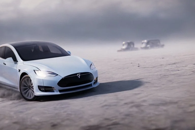 A Tesla 'Model Y' is drifting at top speed, on the planet 'Hoth'. CINEMATIC. WIDE ANGLE LENS. PHOTO REAL.