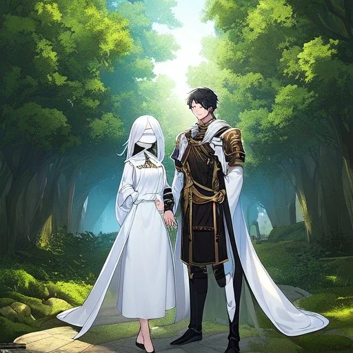 Girl with white hair wearing white robes and a blindfold. Boy with black hair wearing leather armor. Forest path background