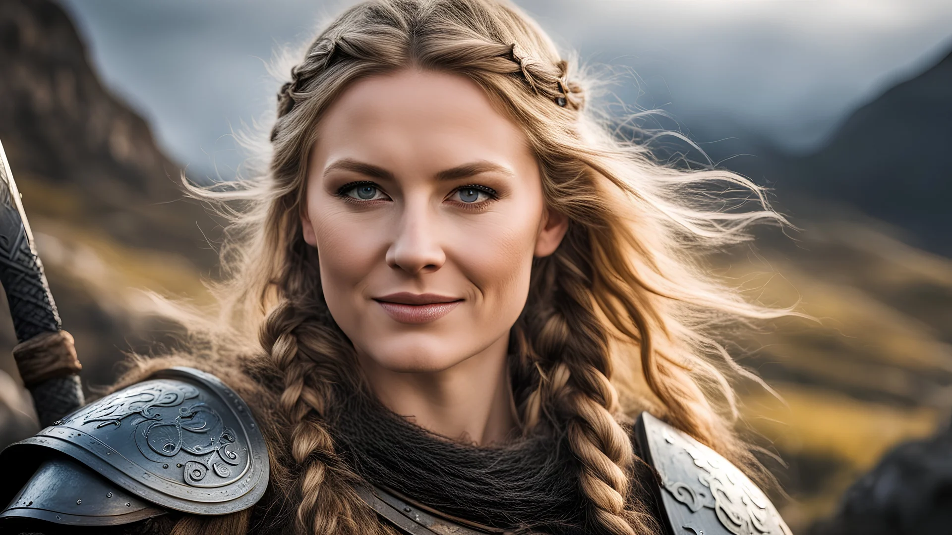 a portrait of a fierce Viking shieldmaiden, embodying bravery and resilience in a rugged landscape, AnjelikaV2, light smile, heavy armor