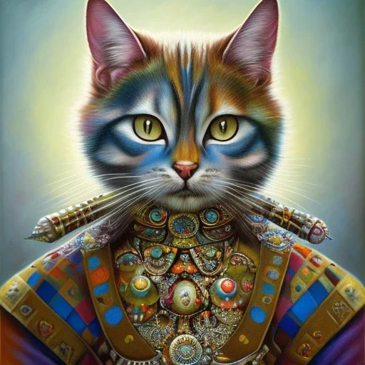 prompt, Fantasy harlequin cats by Louis Wain, by Catherine Abel, by Gediminas Pranckevicius, fantasy, oil on canvas, beautiful, high details, ultra detailed, crisp quality, colourful, high definition