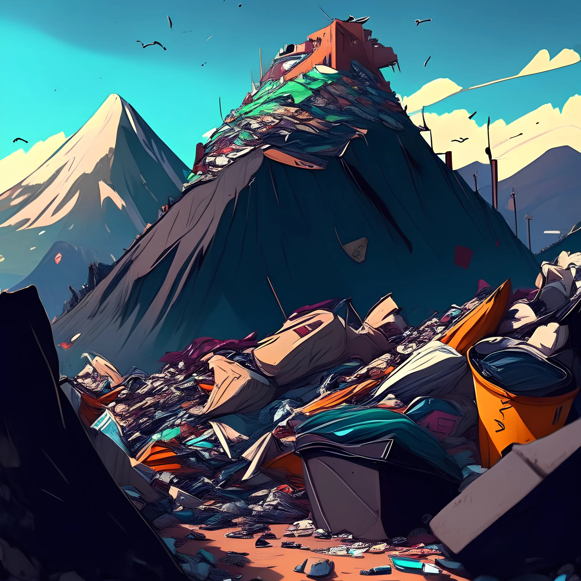 mountains of garbage as fare as Eye can see High detail with no people anime style