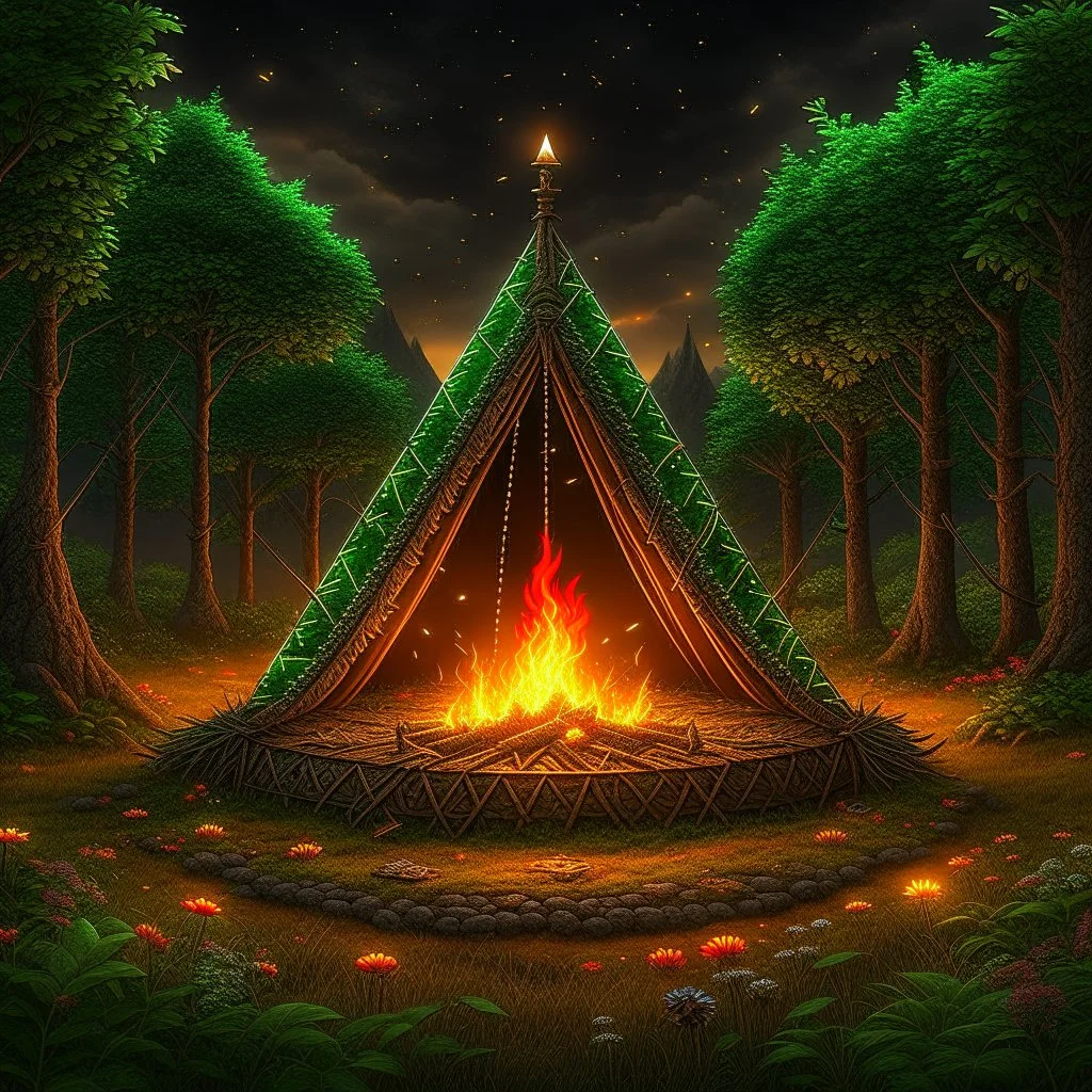 Camp fire, Rainy Night, highly detailed with lush forests, green leafs, flowers, pagan temple with runes, high resolution, 24k, ornate, intricate, complex, digital painting, smooth