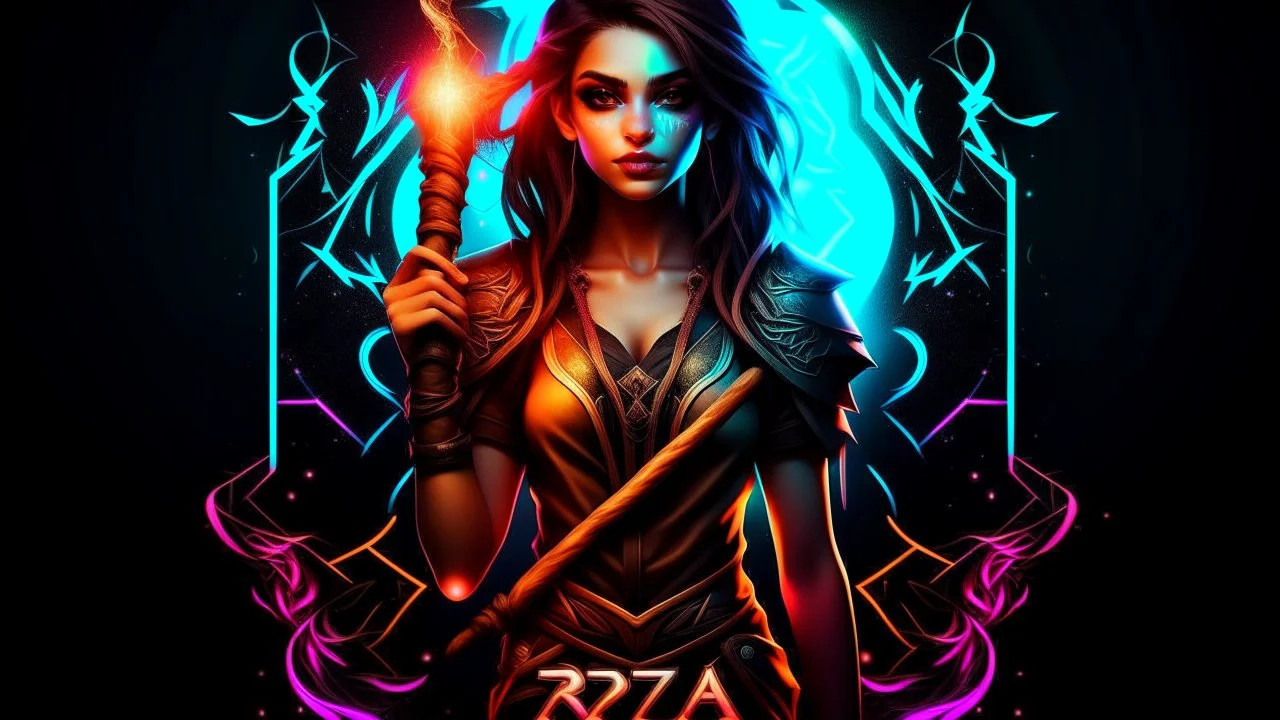 poster, a fantasy girl on a bright background holds a magic staff, with the ERAZE logo. The edges of the image fade to black.