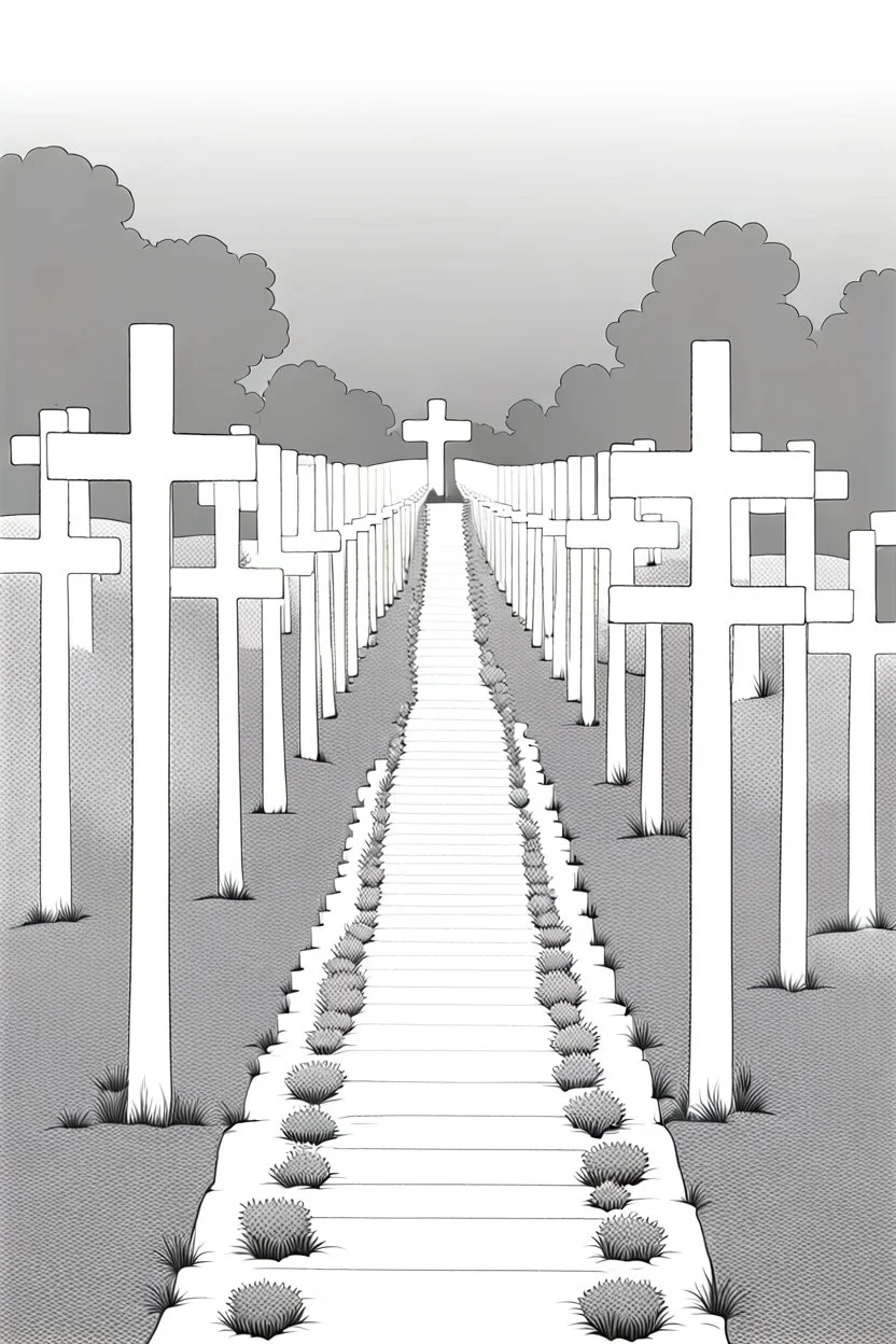 landscape, open air flat cemetery with thousand crosses, manga style, grayscale