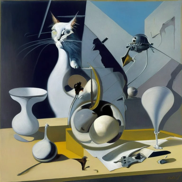 Abstract painting formed by a mix of human flesh-like surgical instruments and universe-like neuralink, a cat looking at a pigeon inside a huge bulb between light and shadow at dusk,surrealism,minimalism,Painting By Adrian Ghenie, Rene Magritte, Salvador Dali, Lucian Freud