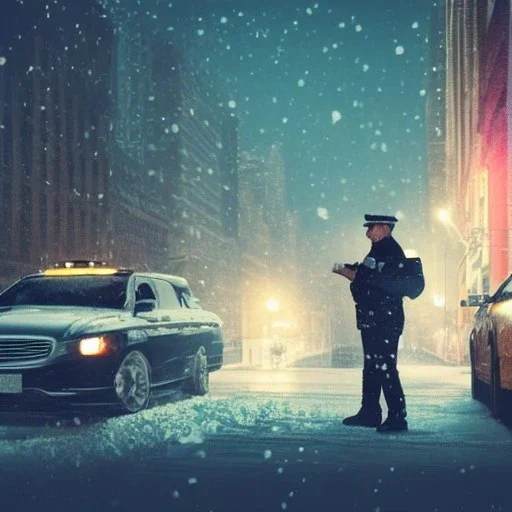 large cop drinking a coffee standing next to a cop car, snowy streets of new york at night, dramatic, dramatic lighting, volumetric lighting, hyperrealism, 8k, high quality, photorealistic, lot of details