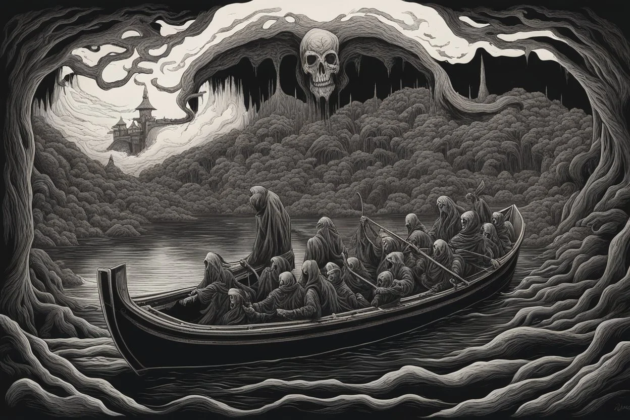 on the Styx river , in a special boat the boatman is the death carrying the souls of sinful people into the endless darkness, surreal style, dark colors, strange landscape, detailed, sinister, depressive, surreal style crepy stunning