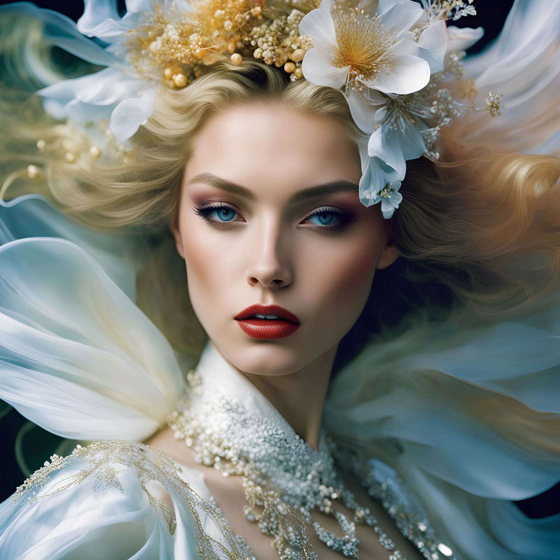 young woman close-up portrait, artistic pose gestures, fashion photography, dynamic angle composition, aesthetic, complex, intricate, by david lachapelle, by Sarah Moon, by Tim Walker