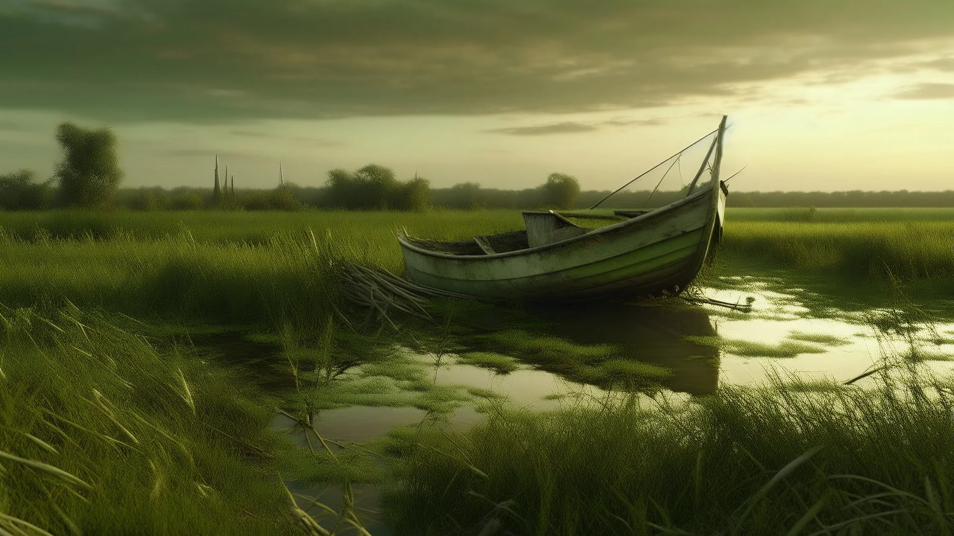 The image depicts a grounded fishing boat partially submerged in a marshy landscape. The boat, painted in shades of green, appears to be overgrown with vegetation, indicating it has been abandoned for some time. Surrounding the boat, a lush expanse of grasses and wetlands stretches towards the horizon, bathed in soft, warm light from a fading sky.