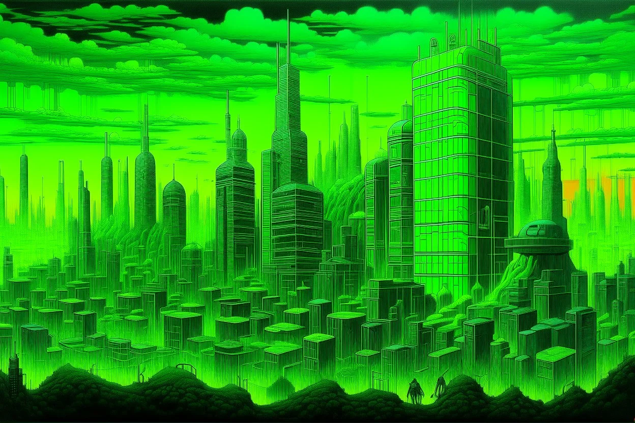 A neon green haunted cybernetic city with pixelated ghosts painted by Caspar David Friedrich