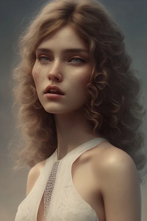 1970's porno model , cute, big droopy eyes, angelic face with minor blemishes, beautiful, long orange flowing hair, wavy hair, curly hair، black eyes, head and shoulders portrait, cinematic, misty atmosphere, 8k, resolution concept art portrait by Greg Rutkowski, Artgerm, WLOP, Alphonse Mucha dynamic lighting hyperdetailed intricately detailed, bokeh, Stunning 8k ektar film scan