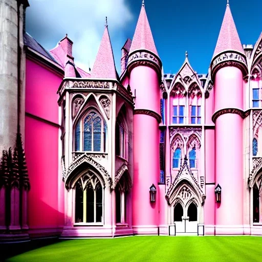 concept art, concept design, neogothic palace, neo gothic, aesteric, pink walls, pink exterior, glass exterior, english garden