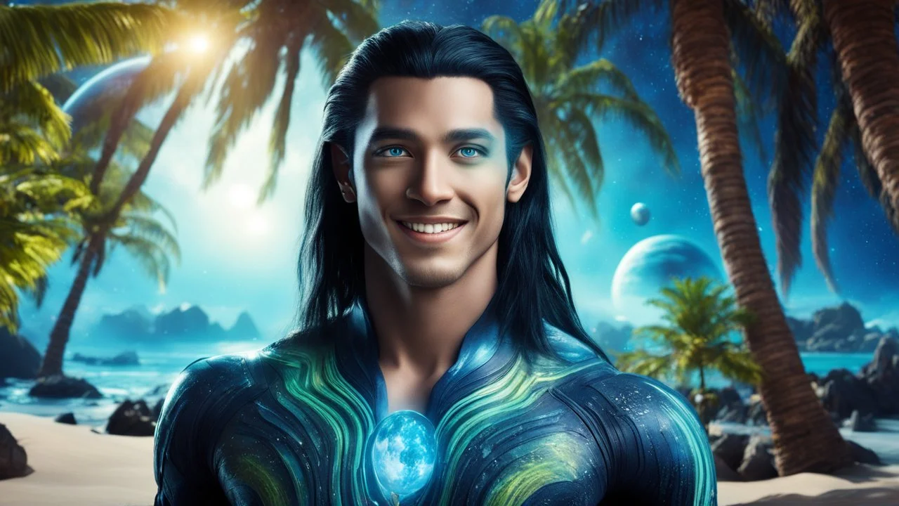 beautiful gorgeous young man na'vi with long hair, Avatar, blue skin, two small ears, green eyes, black hair, in cosmic suit, galactic ambiance, smiling, with spaceship and planets and palm trees and clear crystaline cosmic beach in background