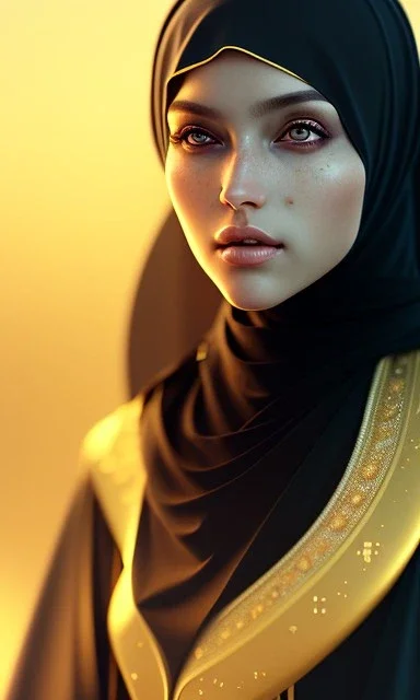 Arab princess , cute, beautiful , black eyes ، hijab, head and shoulders portrait, cinematic, 8k, resolution concept art portrait by Greg Rutkowski, Artgerm, WLOP, Alphonse Mucha dynamic lighting hyperdetailed intricately detailed