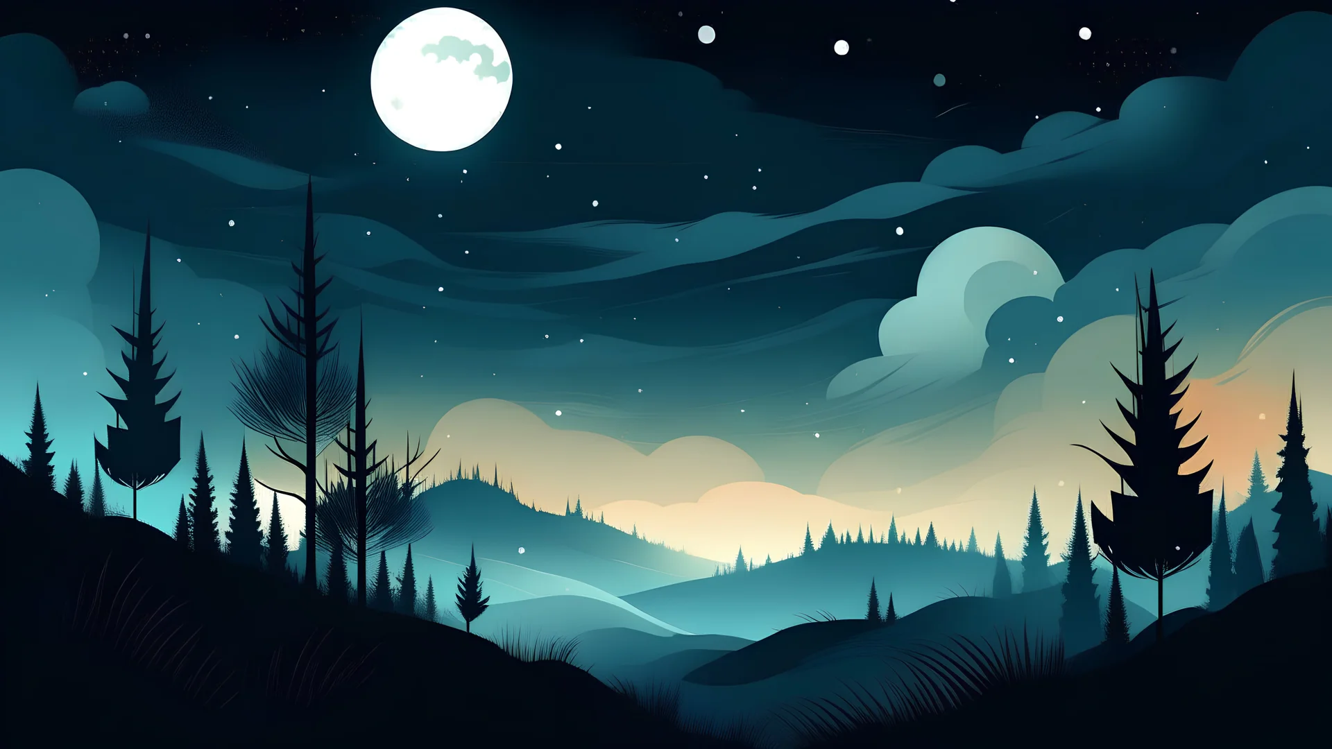 a vector graphic of a misty landscape at night