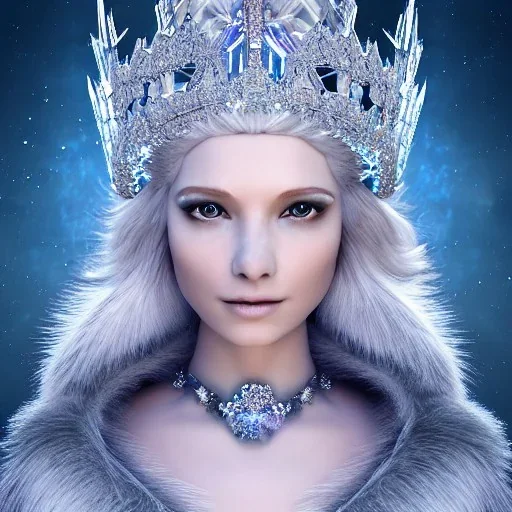 the most incredible, stunning, beautiful ice queen goddess, intricate crystal ice crown, detailed fur on shoulders, iridescent snow gown, 8k resolution, high-quality, fine-detail, elaborate, digital art, detailed matte, volumetric lighting, beautiful, illustration, 3D octane render, brian froud, howard lyon, selina french, anna dittmann, annie stokes, lisa parker, greg rutowski,