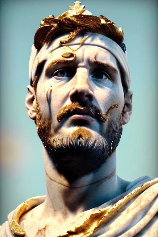 Realistic image, Roman sculpture made in white marble with gold veins, Lionel messi with gold laurel leaves crown, decorative star on the chest, waist up portrait,marble material, gold ornaments, Renaissance style, sun rays background, epic, celestial, cinematic lighting, God lights, 4k resolution, smooth details, soft lighting, unreal engine 5, art station, substance 3d.