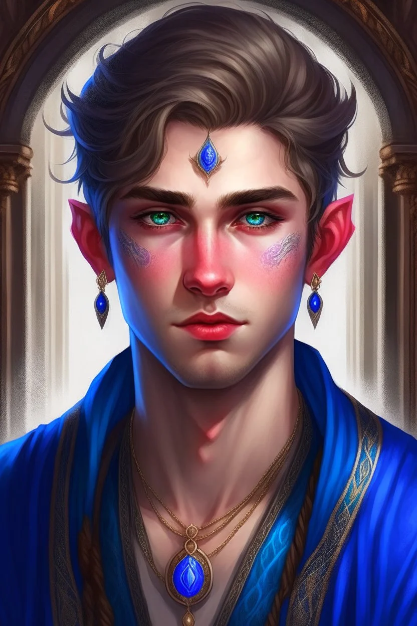 a wealthy half-elf young man with pointy ears and blue eyes, wears lots of jewelry