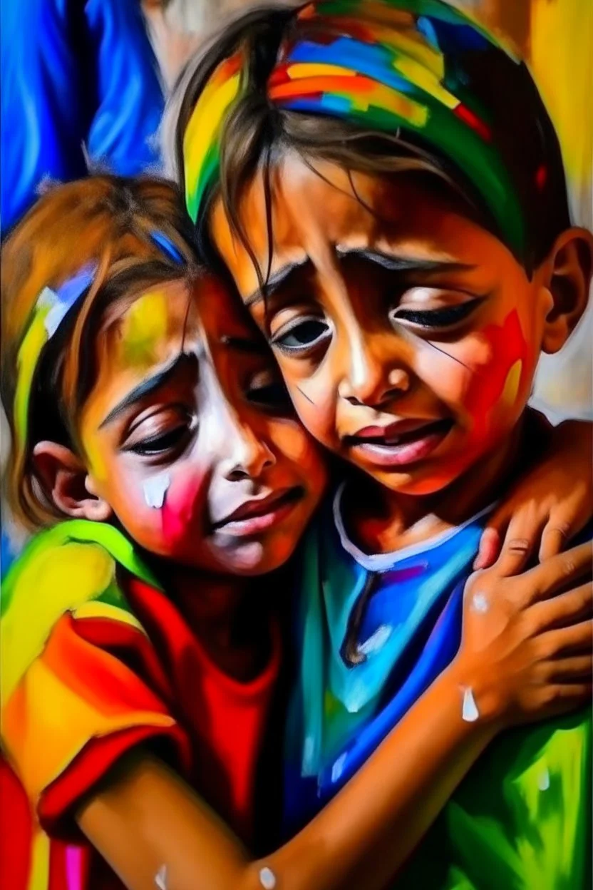 a girl hug her brother and both crying sadly, expressionism, Pixar style, in abstract art Basquiat, Picasso, Miro, Kandinsky, Klee, Birell, Fairey, Ardon, Buffet and Picasso style, HD --s 750 --v 5.1 --style raw, water color