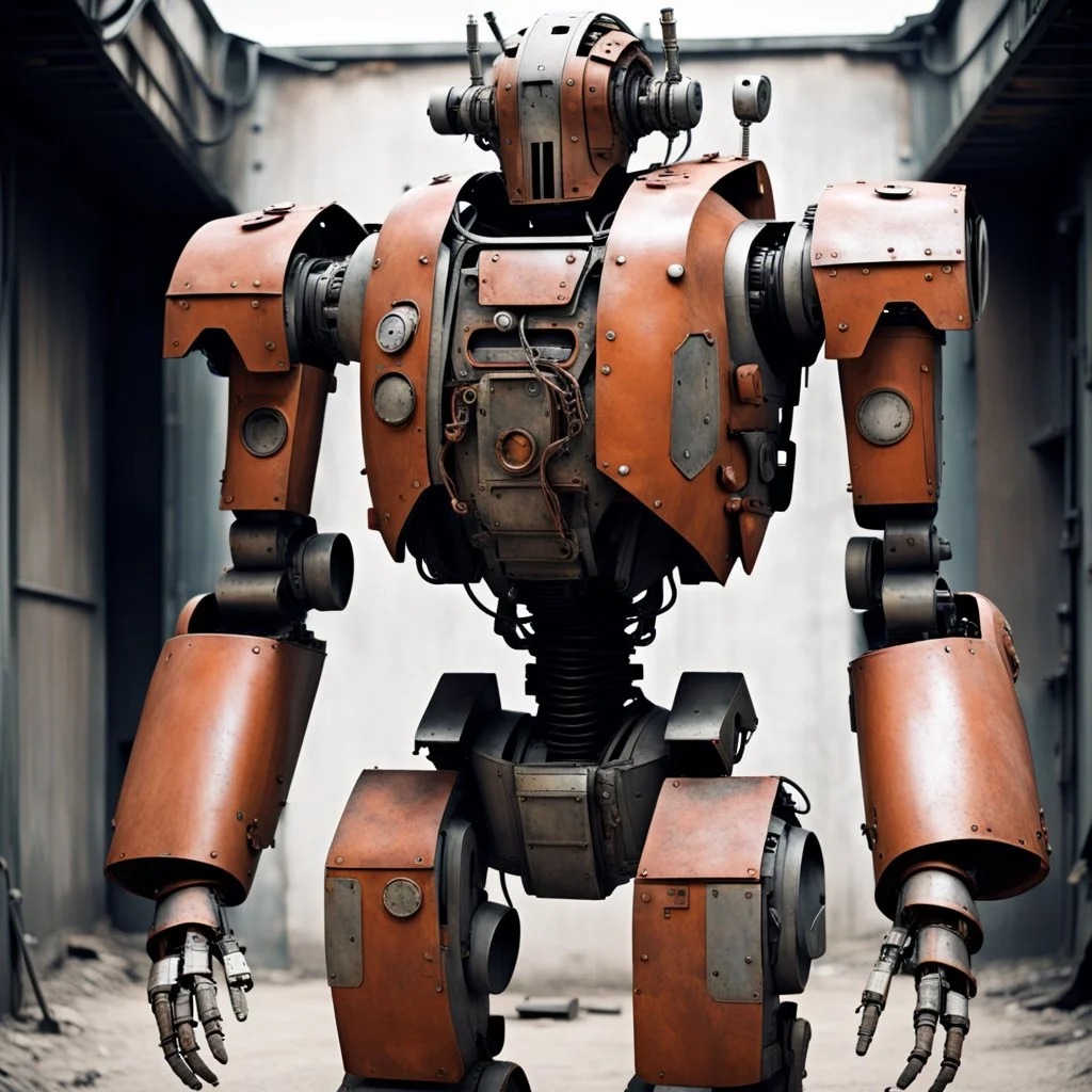 trash mech suit, human-sized, made of scrap metal, cockpit in chest cavity, light rust, round, loose wires, escape hatch