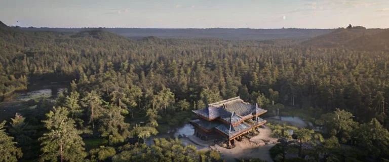 top view that warm, a huge library in forest with fireflies around trees that have wide leaves and broad trunked at night with moonlight.