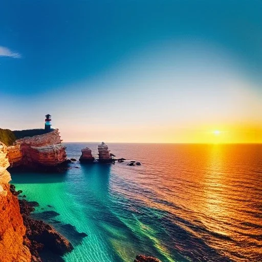 fullbody Drawing of 'beutiful beach, clouds, lighthouse,rocks,beautiful sunset',intricate detail,andrea bonelli,Kilian Eng,Ohrai,evan lee,Aleksandr Sidelnikov,KyuYong Eom,three quarters frontal aerial view,toned colors,16k