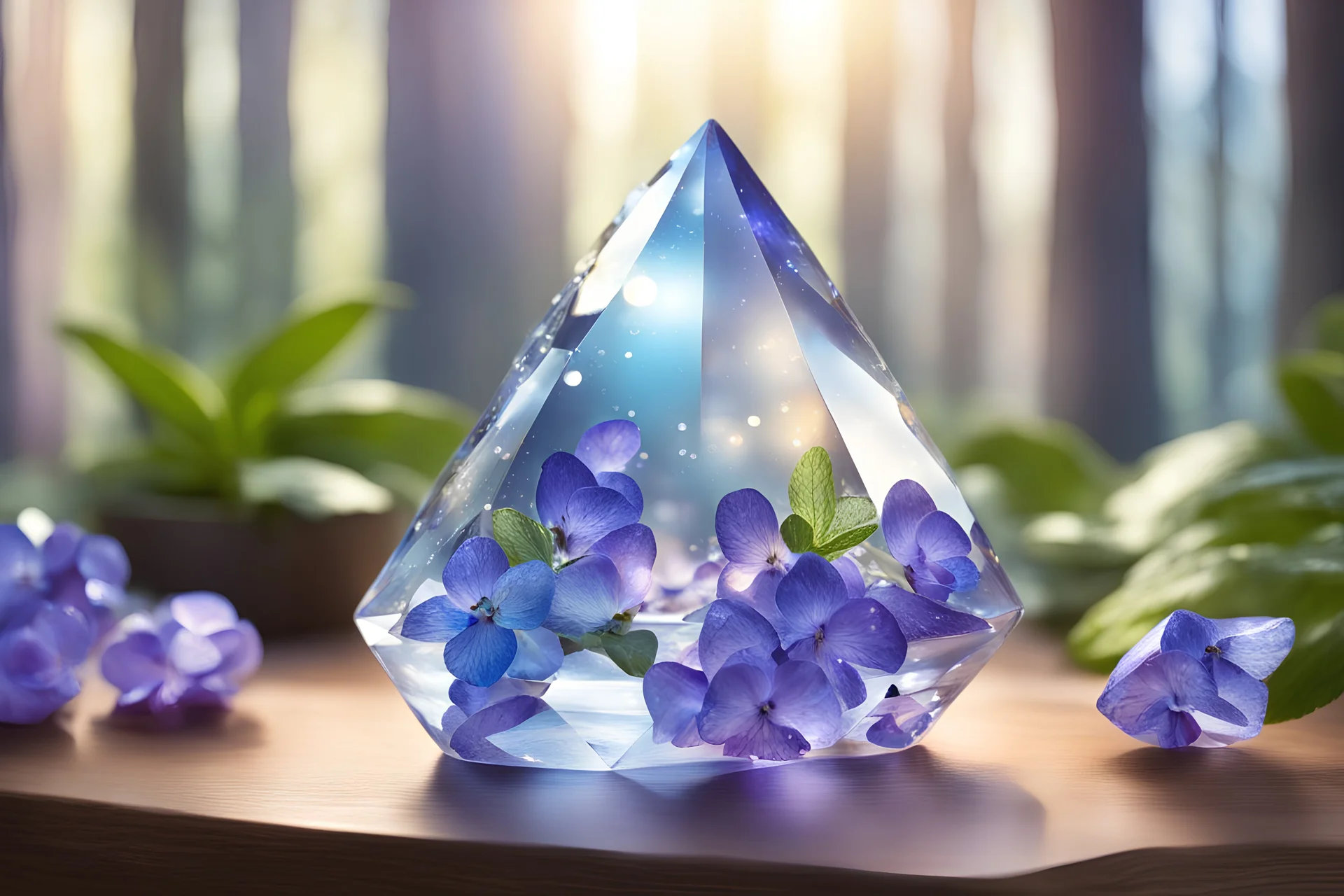 crystal munltifaceted prism well defined shining light blu with plants violets well definted shining magical landscape with light shining drops