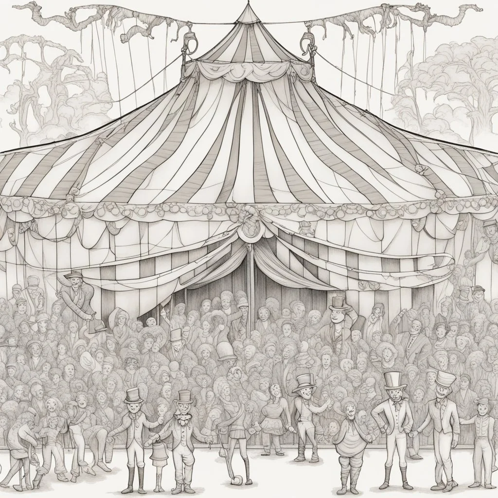 Coloring book page:: Circus: A whimsical illustration of a circus tent with acrobats, clowns, and a ringmaster:: high detail adult coloring book page thin black lines white background, 1 bit line art coloring book, only draw outlines, crisp, thick outlines, use up the entire screen, outline art, storybook illustration –no noise, book, logo, page, letters, words, markers, grayscale, –no black background –ar 3:4 –v 4