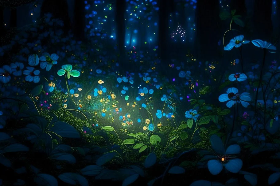 night, forest, flowers