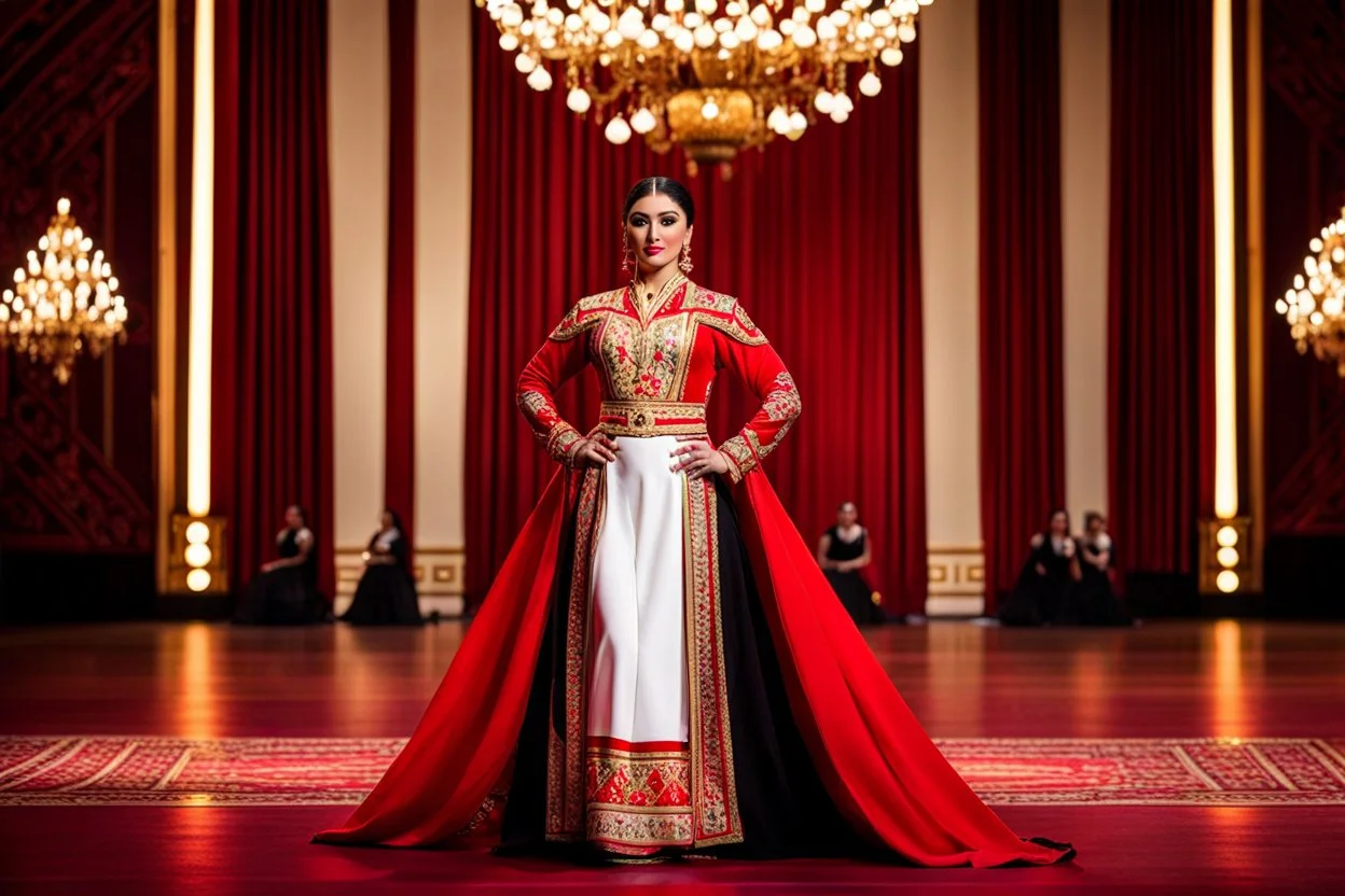 azeri female full bdy with traditional dance clothing in modern stage in a royal hall