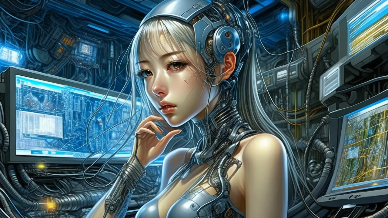 A digital painting by Kuniyoshi and Hajime Sorayama of tech beautiful cyborg girl inside a futuristic matrix.