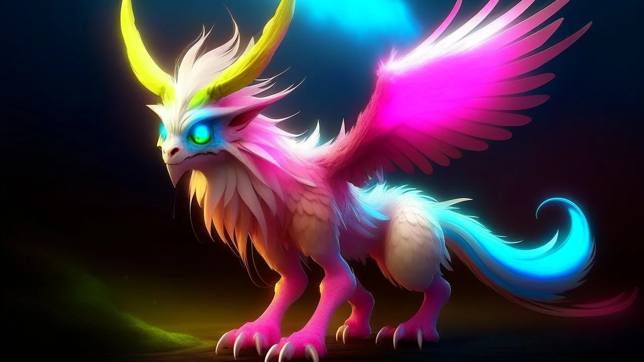 A bird-like creature with 4 legs, and has glowing eyes, lion tail, tusks, fluffy tail, long ears, dragon horns, hooves, spikes and is rainbowy, pink, has color points, white in color.