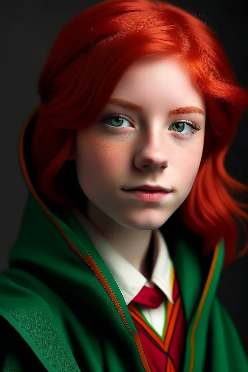 A girl with red hair and green eyes and she is wearing a Hogwarts robe