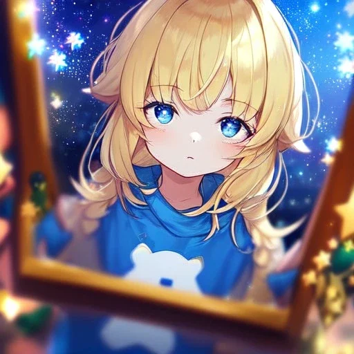 Clear focus, High resolution, A anime kid, cute, rough line skecth, star around kid, sparkling eyes, medium fluffy blonde hair, blue sparkling eyes, 1girl (solo)