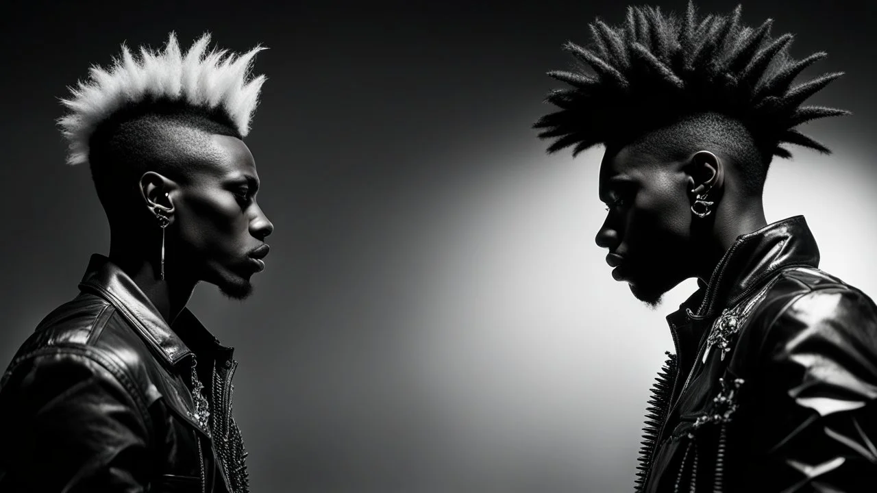 two Afro-American males facing each other in profile, confrontational stance, high-contrast black and white, deep shadows, bright rim lighting, dark studio background, punk spiked mohawk hairstyles, metallic reflective jackets, skin highlights, intricate chrome ear frames and jawline exoskeleton jewelry, biomechanical ear cuffs, sculptural contours, sharp silhouettes, cinematic low-key photography, cyberpunk aesthetic, symbolic duality, tension, dramatic