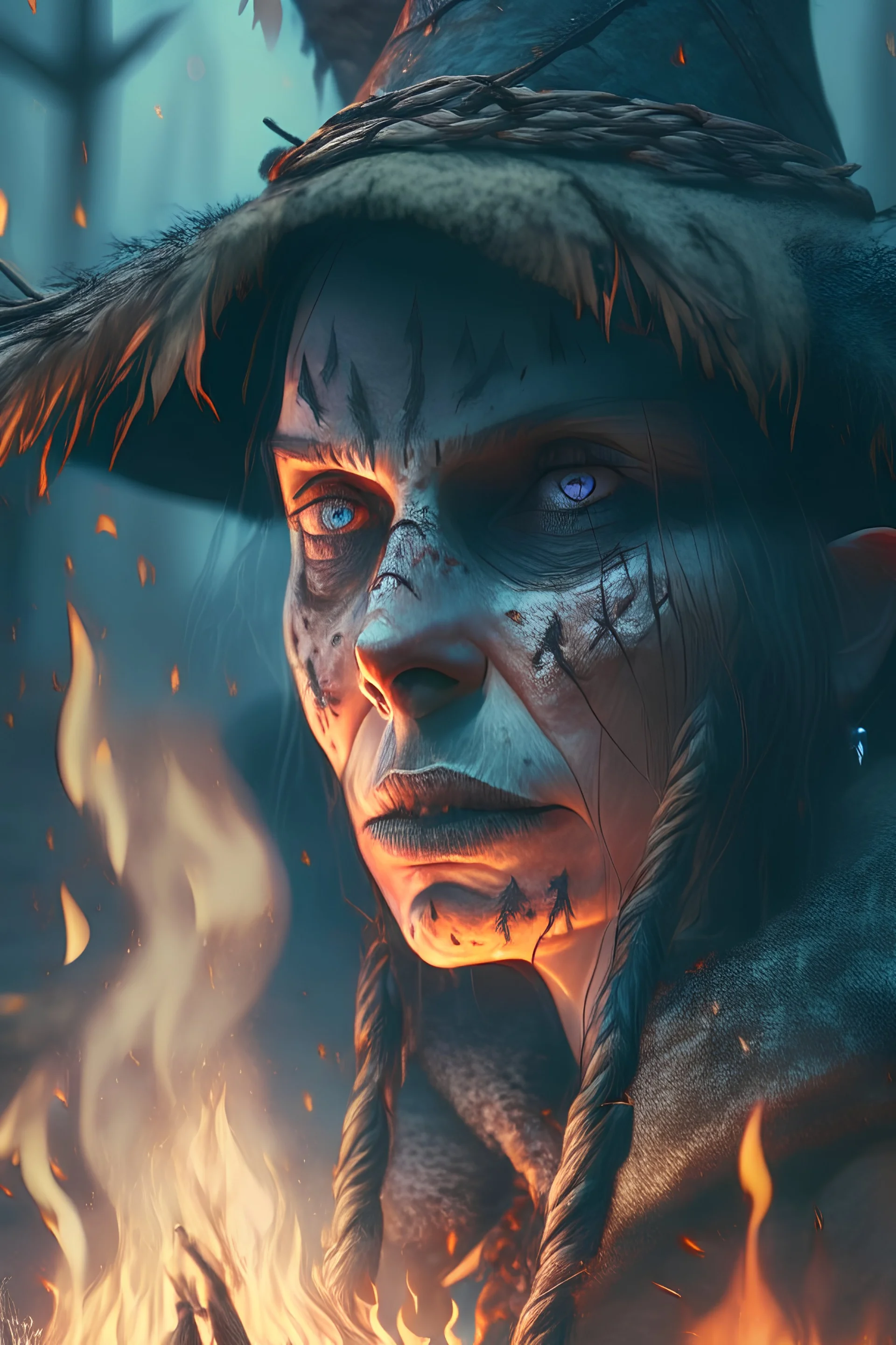 close up on witch by a bonfire, prehistoric forest, trending art, 8k, depth of field, hi detail