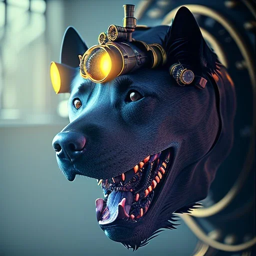 black dog, steampunk, unreal 5, octane render, cinema4d, dynamic lighting, dramatic lighting, 4k, redshift render, highly detailed, hyper realistic