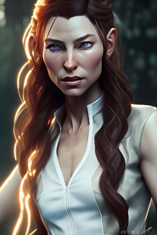 Tauriel, by Cedric Peyravernay, complete full body in frame, delicate traits, symmetric eyes