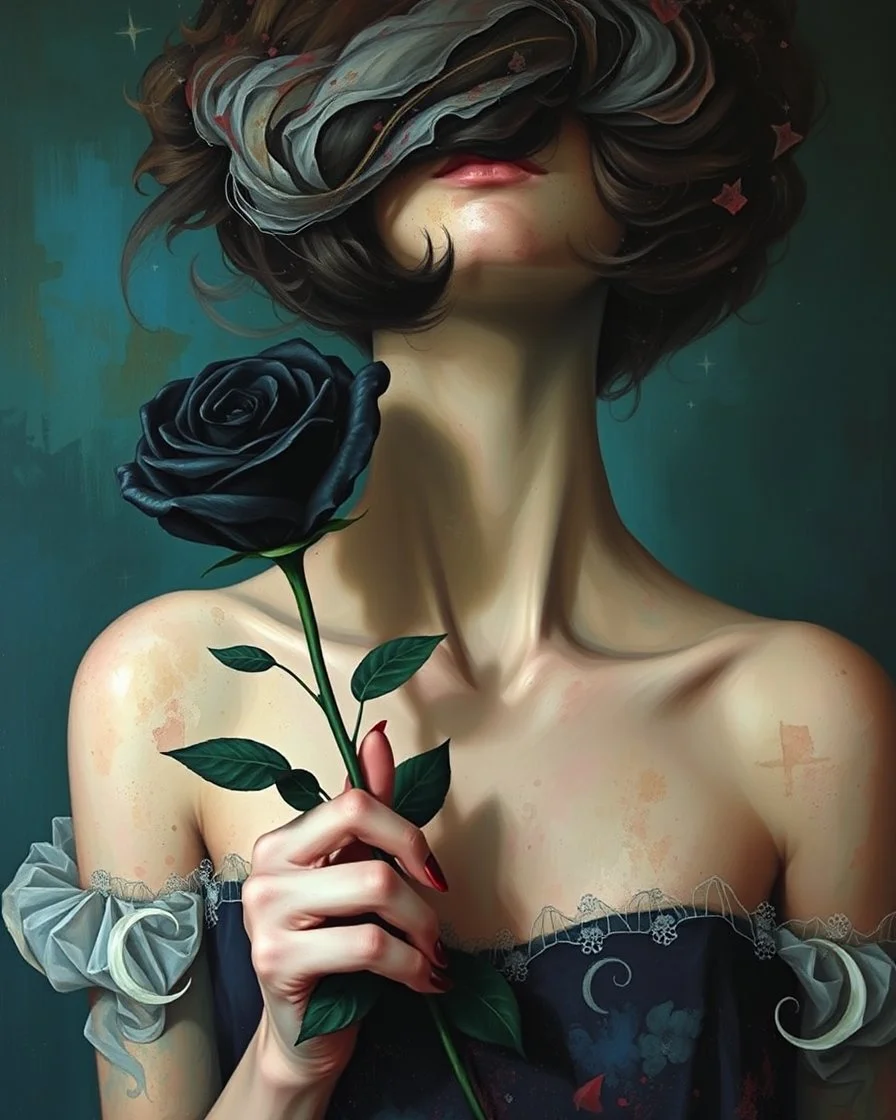painting of a woman holding a black rose , surrealist painting, surrealist artwork, emotional surrealist art, abstract surrealist, a surrealist painting, surrealist art , abstract surrealism, abstract surrealism masterpiece, surreal painting, contemporary surrealism, magically shaped surrealism