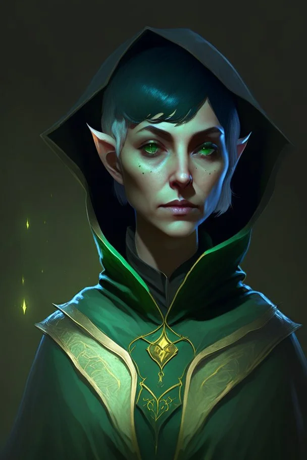 Female moon elf twilight cleric in a dark green robe with blueish short hair and golden eyes