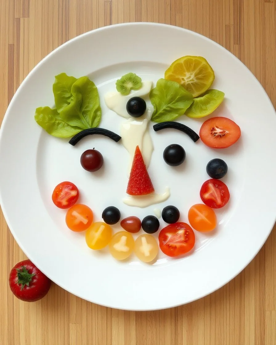 Made a craft a face made by fresh fruits and vegetables toping sauce