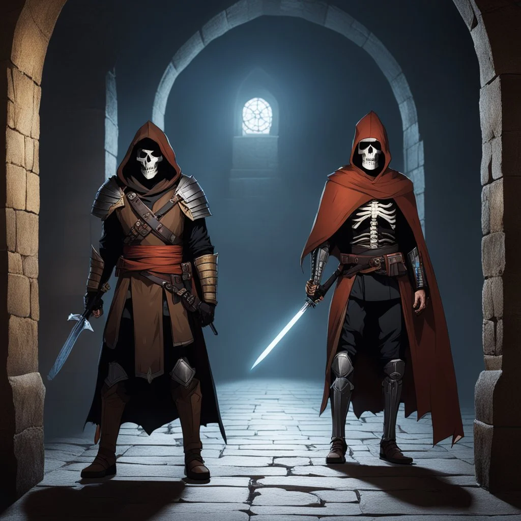 full-body photo of two characters of an ADnD campaign in a crypt. character 1: is a dark ninja, character 2: is a wizard skeleton in a brown cape