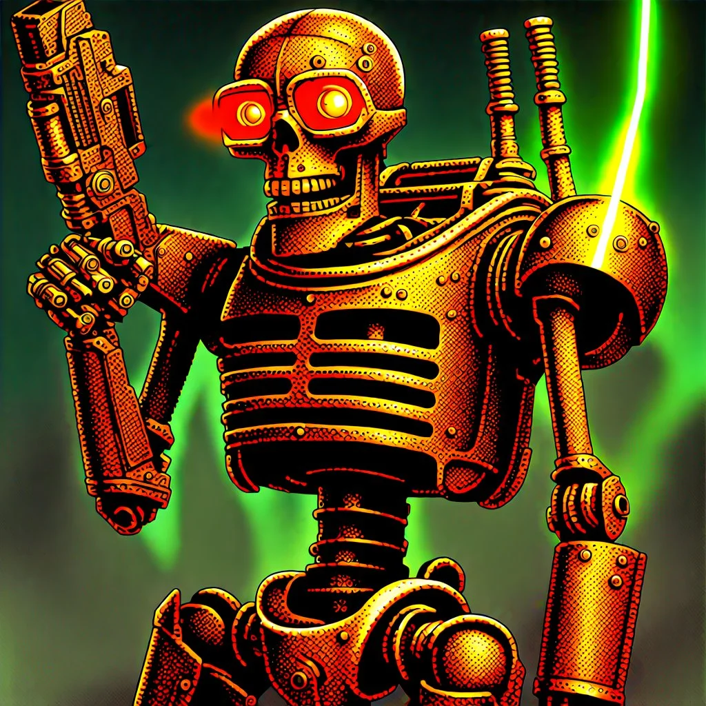 90's TCG art retro fantasy art of rusted skeleton robot with laser gun