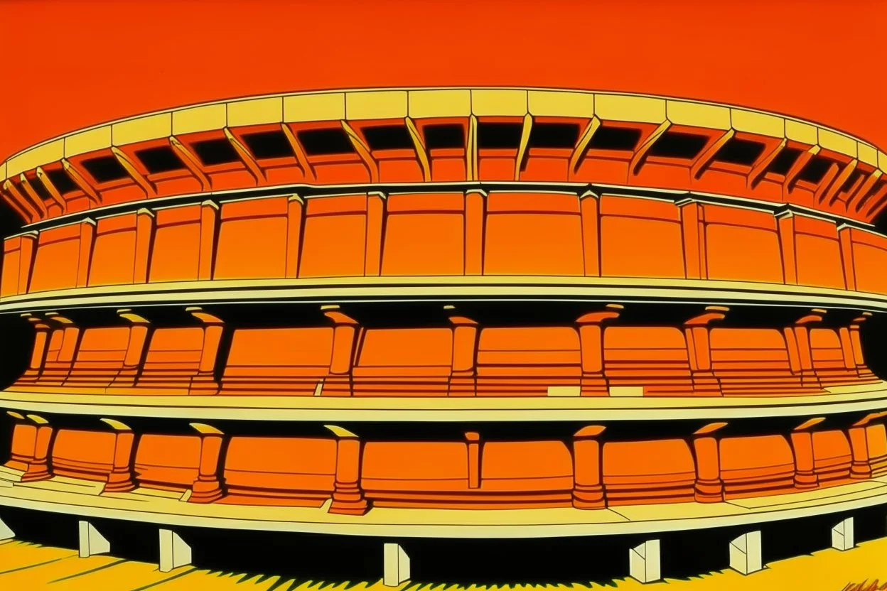 An orange color coliseum with fists painted by Andy Warhol