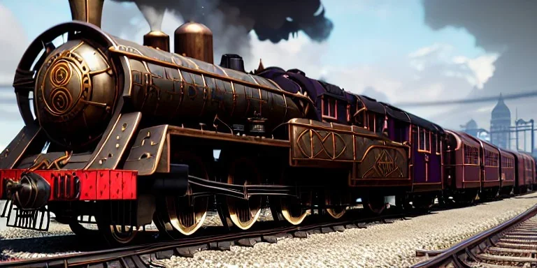 a beautiful steampunk train, tiny details, intricate, detailed, volumetric lighting, steam, rainy, reflective