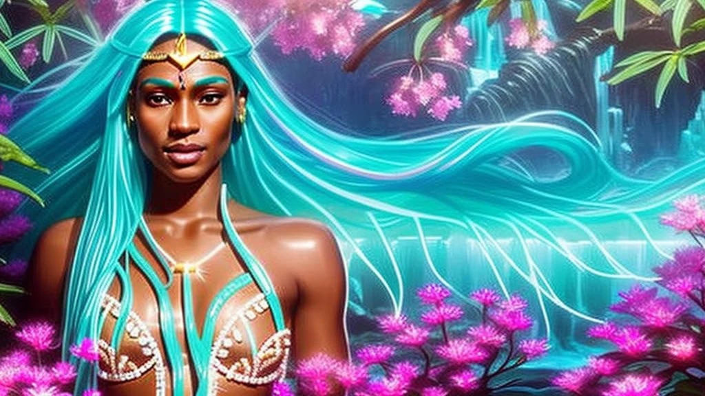 Photo realistic portrait of a gorgeous smiling skinny polynesian goddess with a golden dark shining skin, long smooth clear turquoise blue and pink white hair, blue eyes, in a sci-fi outfit with luminous strikes blowing a kiss in a hill of flowers with sakura trees, a waterfall, a crystal palace, loads of mini flowers, moss, sun rays through the branches, particles in the air at spring