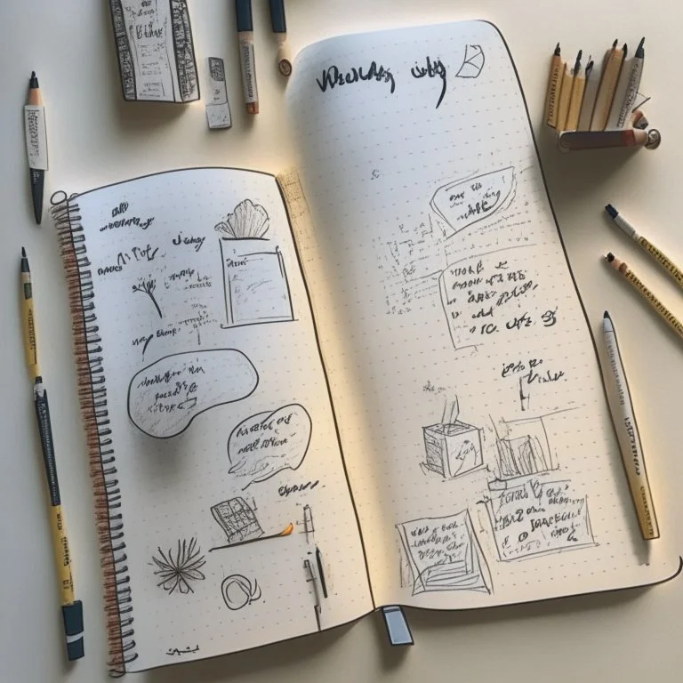 A bulletjournal with drawings and writing on a table with drawing tools