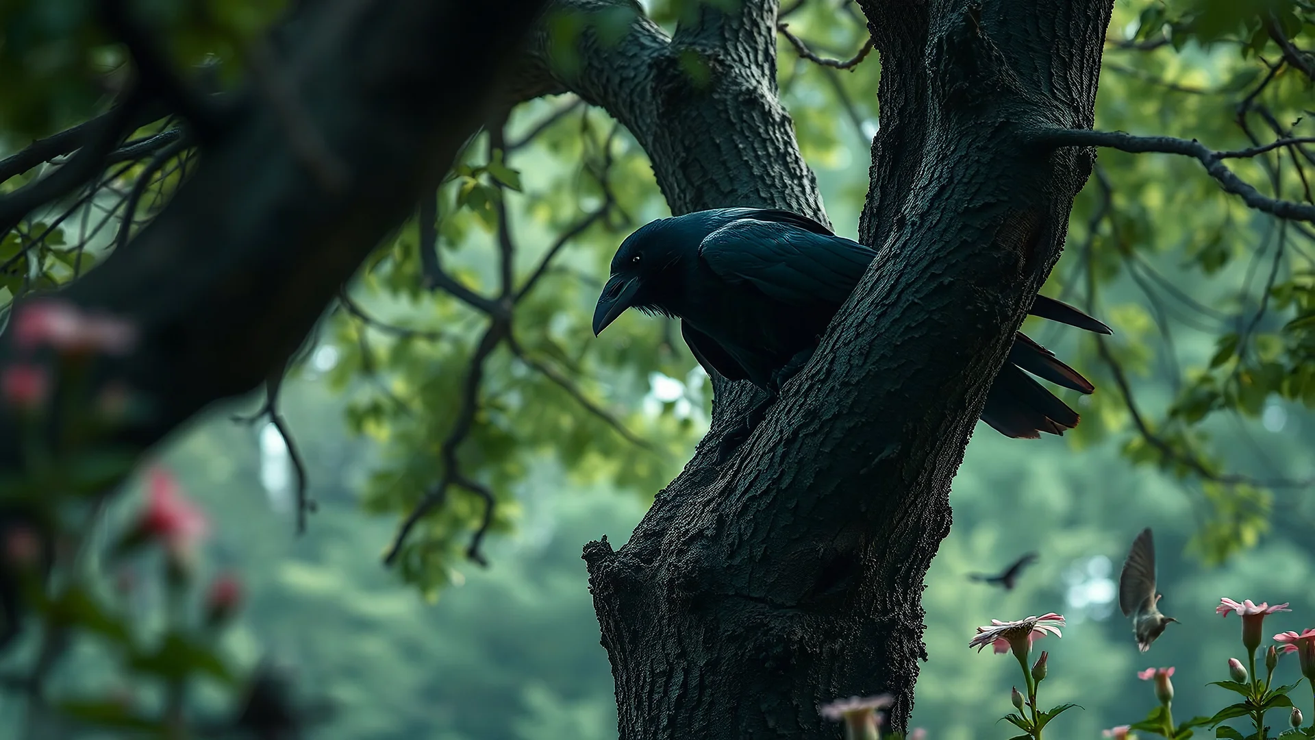 raven in a tree in the forest, day, flowers, 8k, high quality, trending art, trending on artstation, sharp focus, studio photo, intricate details, highly detailed, by greg rutkowski